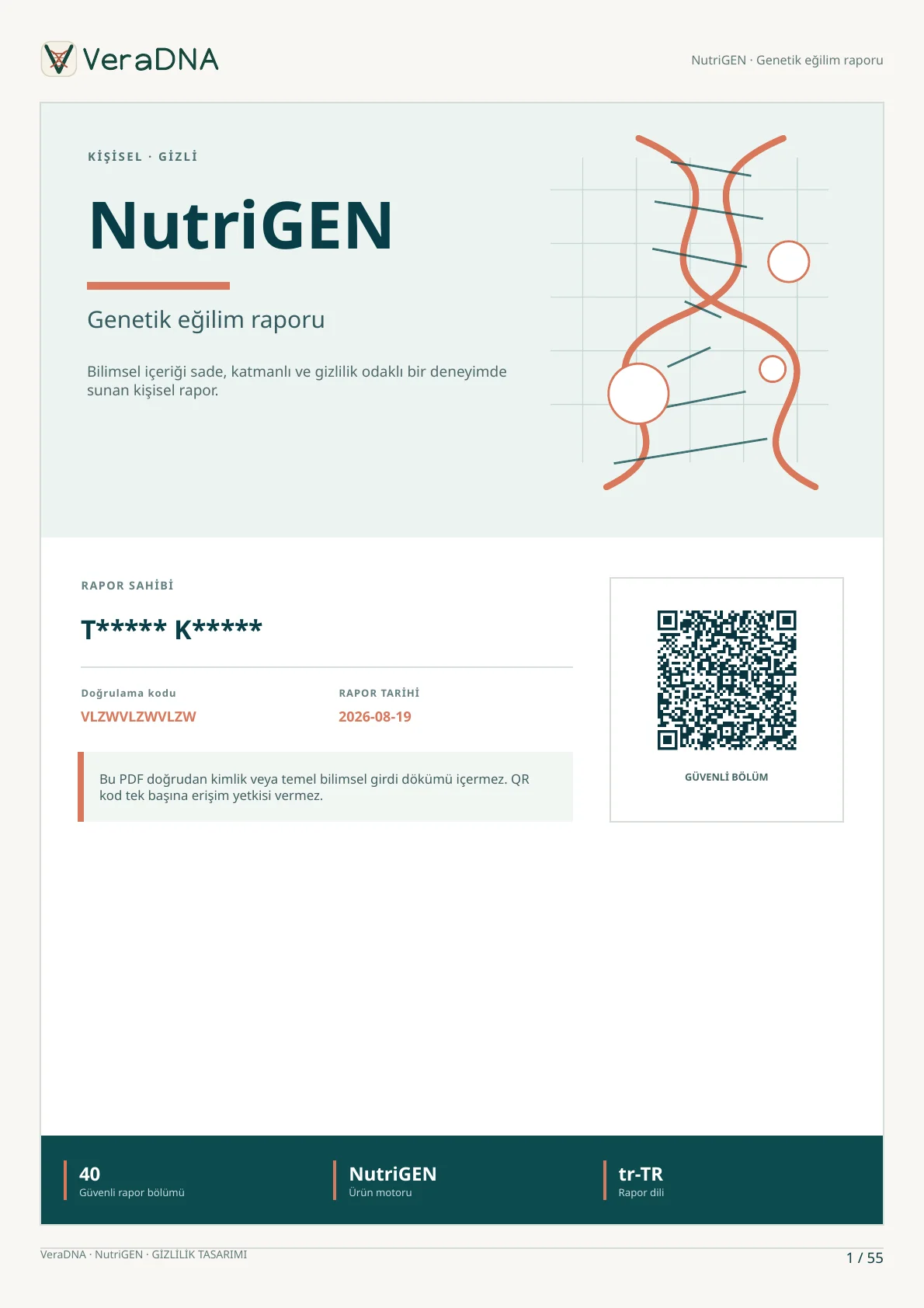 Gizlilik açısından güvenli NutriGEN örnek rapor kapağı
